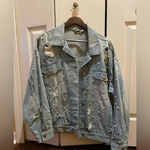 Free People - oversize distressed denim jacket with pearl accents - NWOT